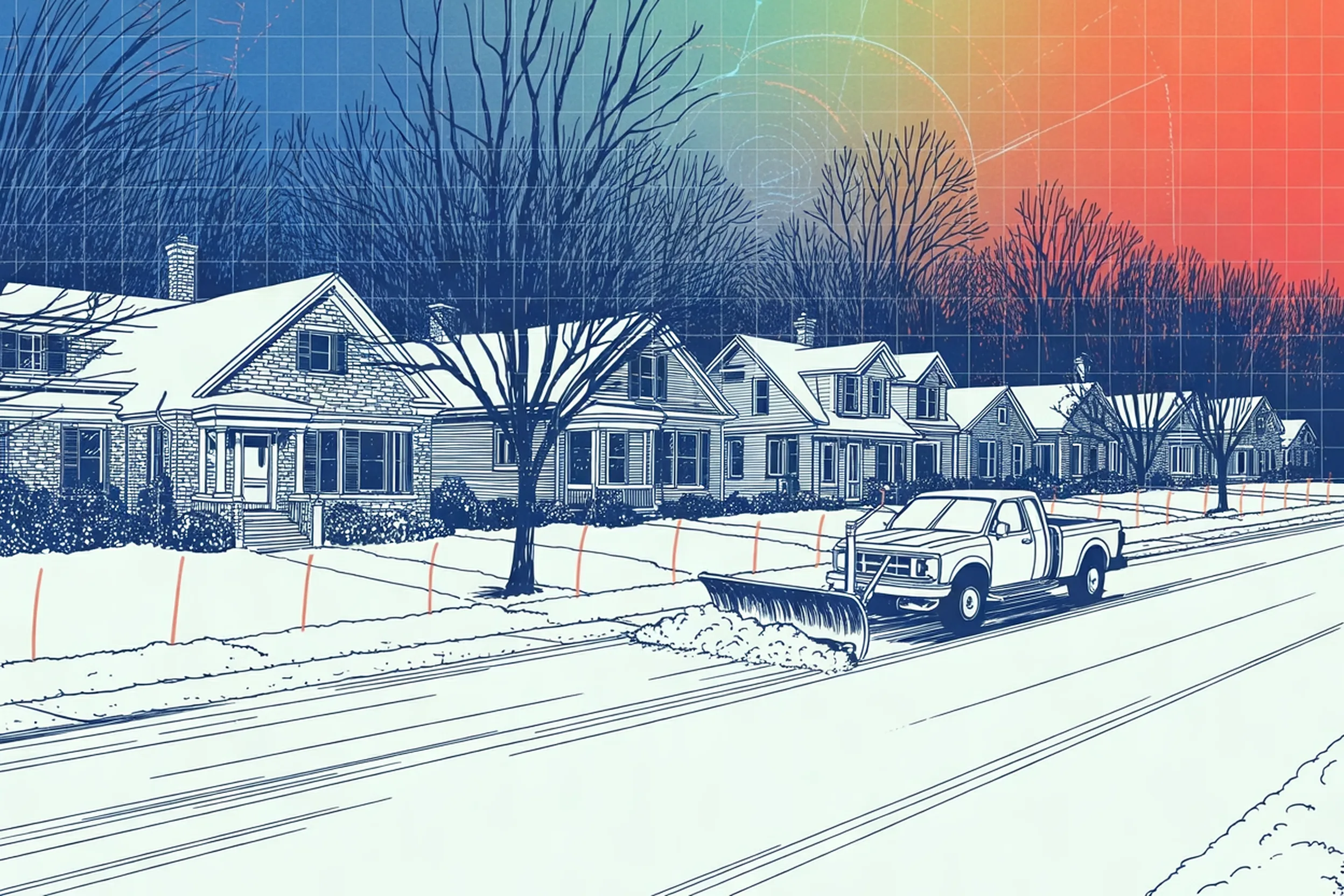Drawing of a Royal Oak street of brick bungalows after a snowfall, orange marker stakes along the driveways and a pickup truck with a plow blade pushing snow onto a front lawn.
