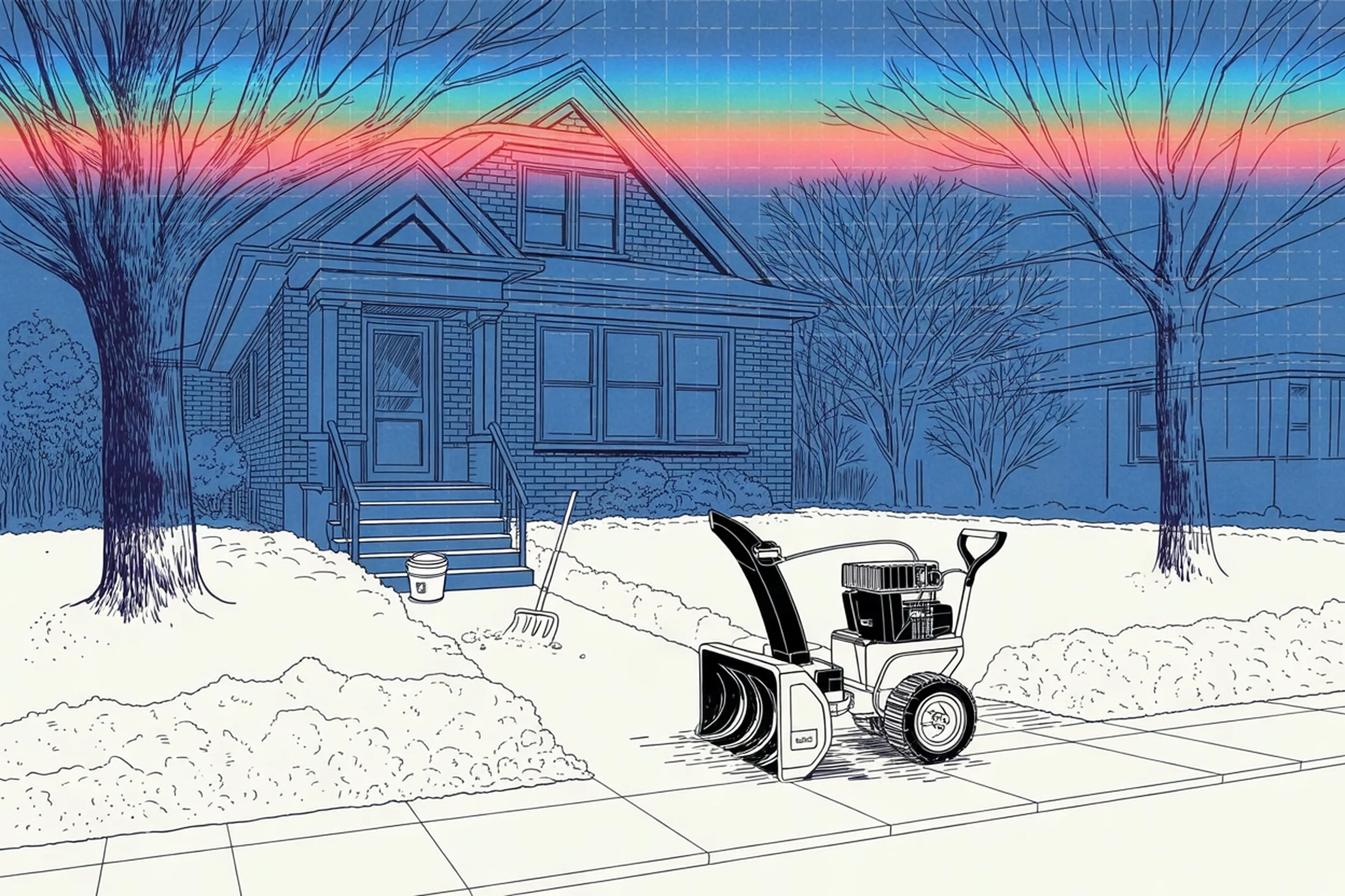 Drawing of a front walk and driveway of a brick bungalow with a snow blower on the half cleared drive, a shovel and a bucket of salt by the porch steps, and a roof rake leaning on the house.