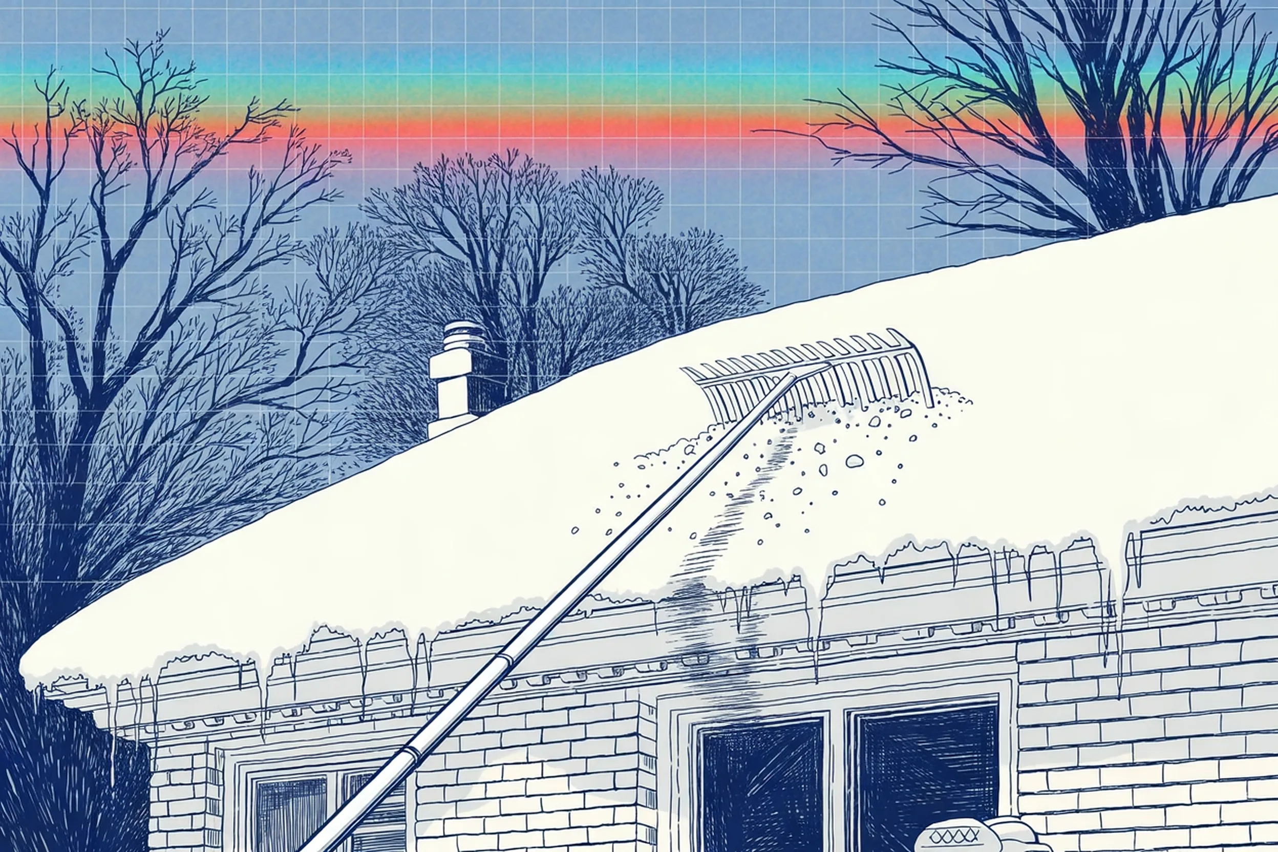 Drawing of a long roof rake pole reaching up onto the snowy edge of a brick bungalow roof, pulling down a slab of snow, icicles hanging from the gutter.