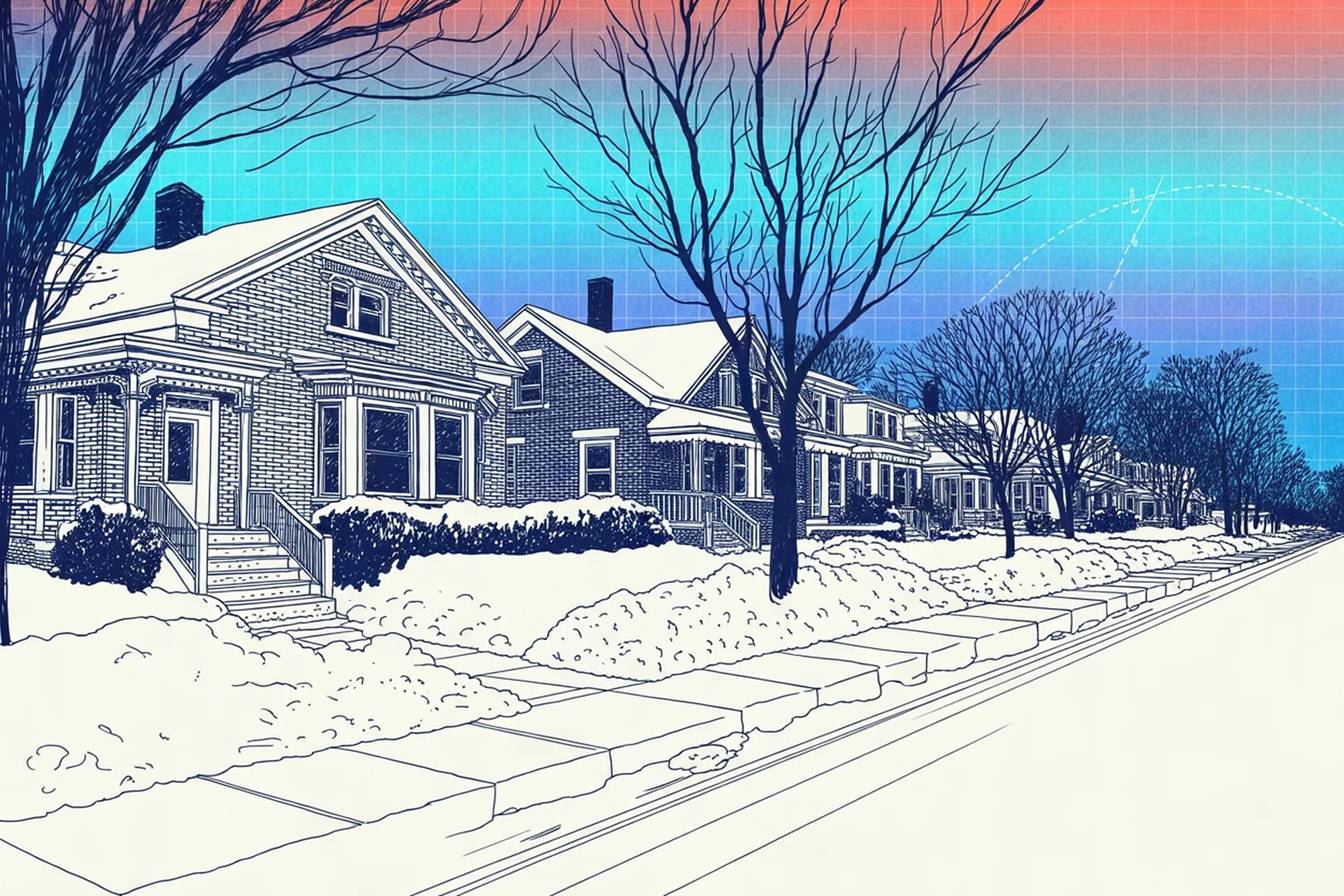 Drawing of a block of brick bungalows after a snowfall, the public sidewalk shoveled to the concrete in front of most houses, snow banked on the lawns and none in the street.