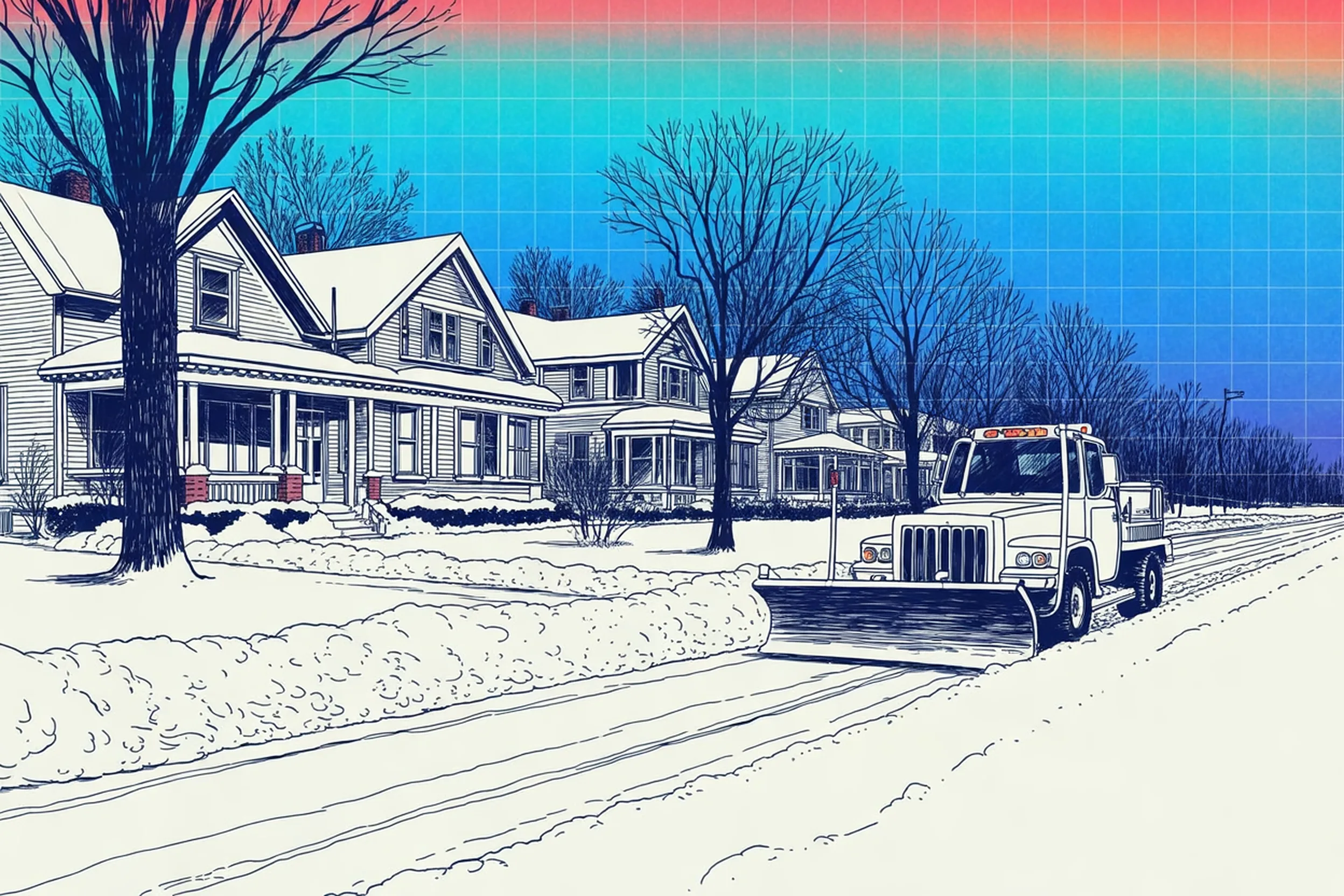 Drawing of a Royal Oak side street after a heavy snowfall, a city plow truck leaving a ridge of plowed snow across the end of a shoveled driveway.